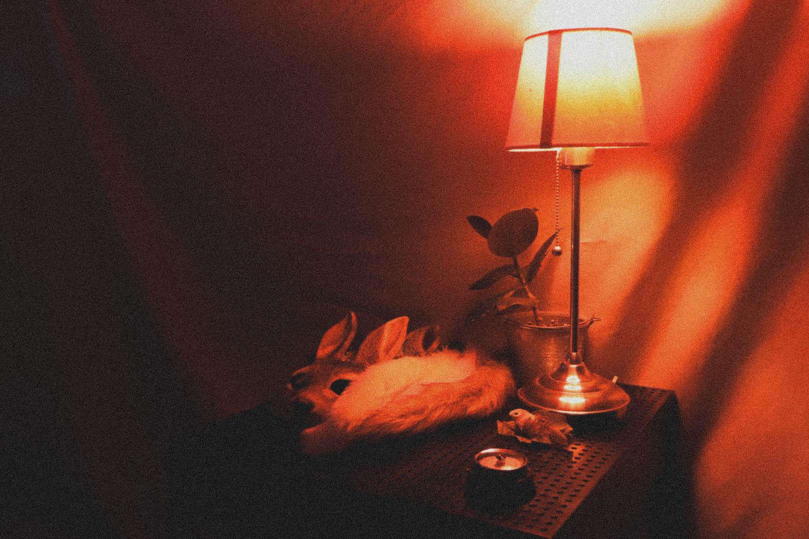 Warm-lit side table with rabbit mask, lamp and small objects from Prey for Me