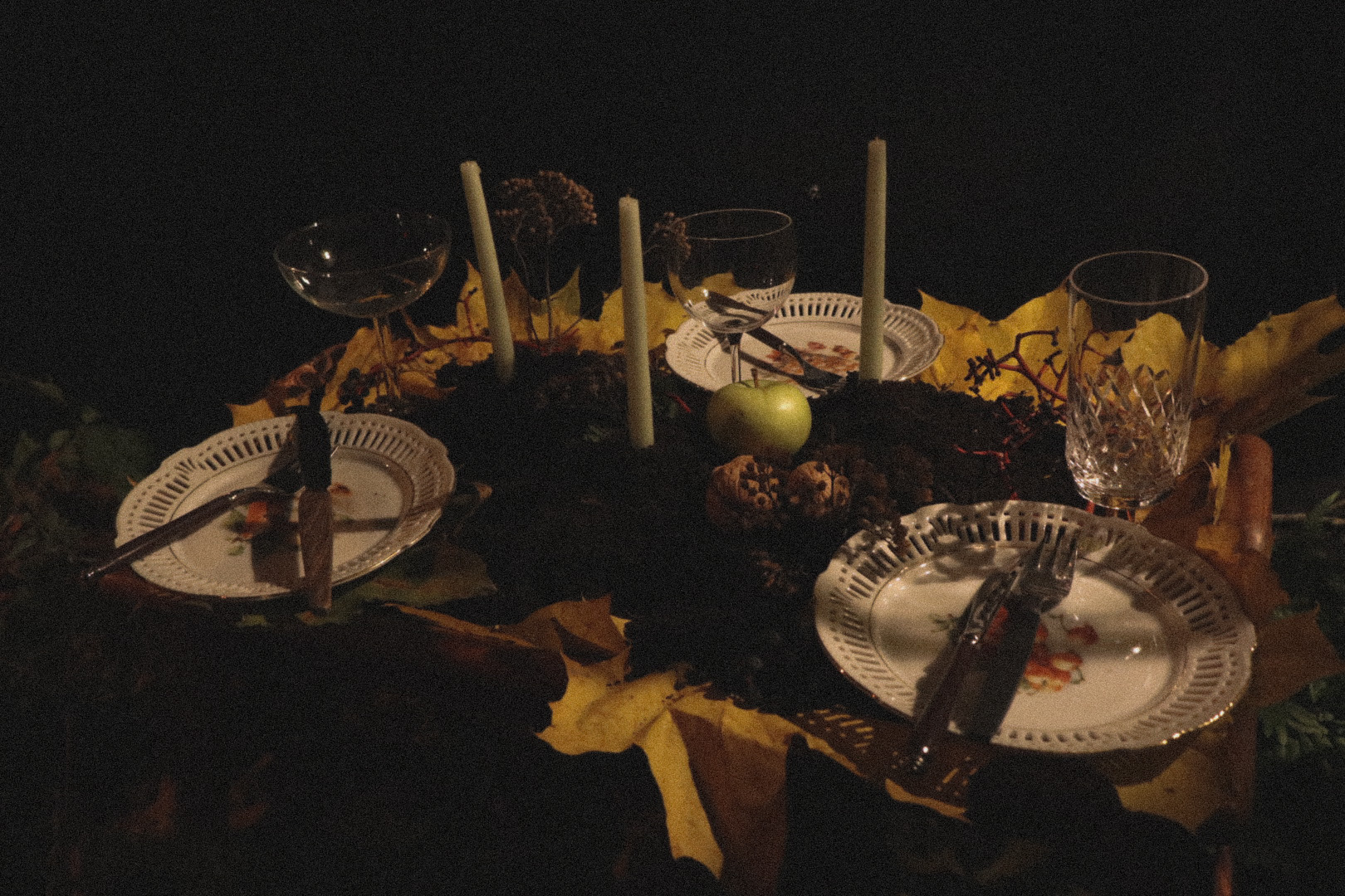 Table setting with plates, candles, leaves and glasses from Prey for Me